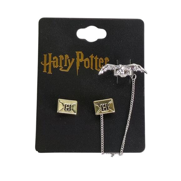 Harry Potter Hedwig Owl & Hogwarts Letter Stud Earrings w/ Ear Cuff Set NEW - Picture 2 of 5